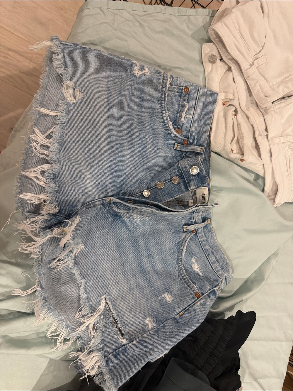 Agolde Light Blue Distressed High-Rise Denim Shorts